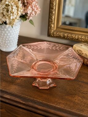 Vintage Style Pink Glass Compote Pedestal Bowl